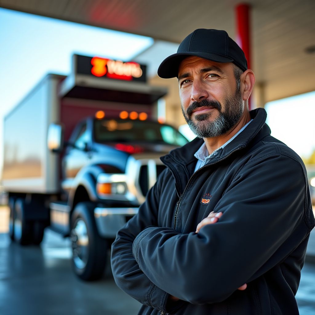 Conductor junto a su camioneta en estación de servicio
