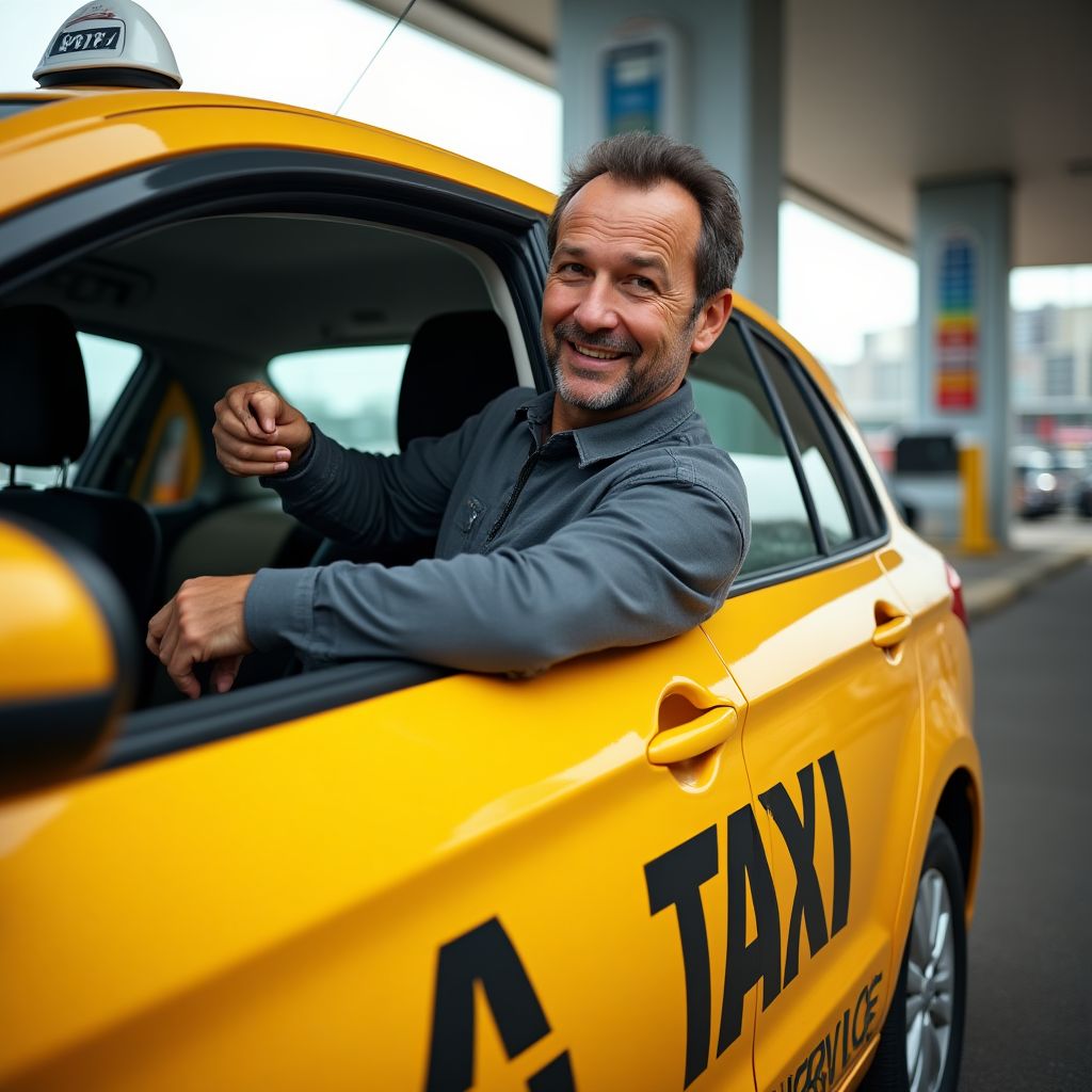 Taxista junto a su vehículo de trabajo